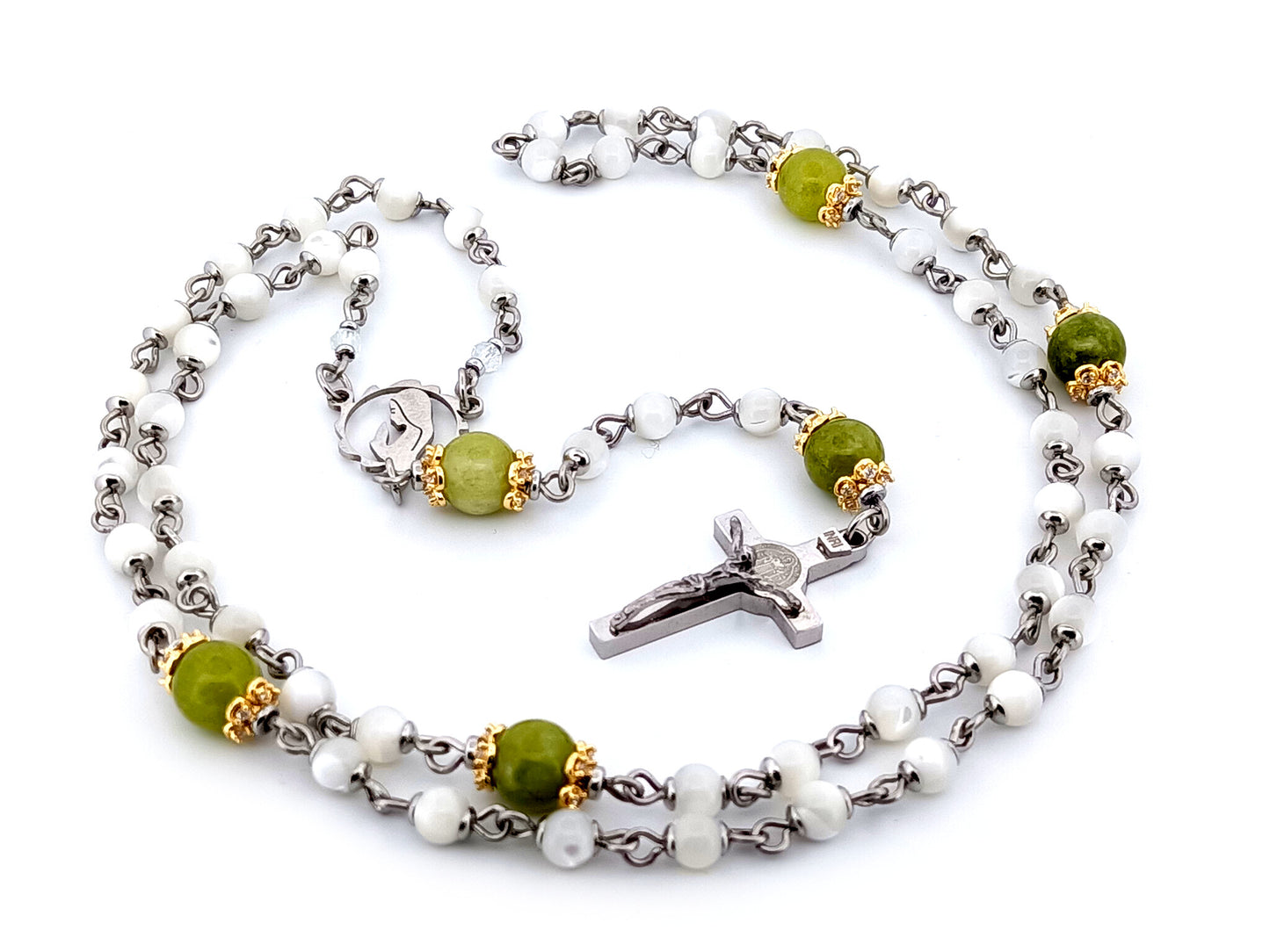 Virgin Mary unique rosary beads mother of pearl and peridot gemstone rosary with stainless steel Saint Benedict crucifix.