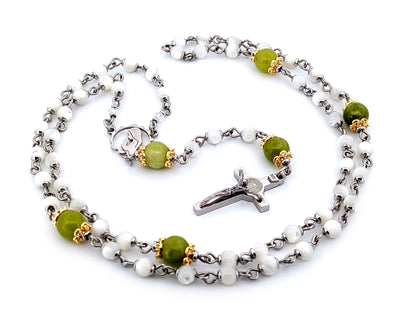 Virgin Mary unique rosary beads mother of pearl and peridot gemstone rosary with stainless steel Saint Benedict crucifix.