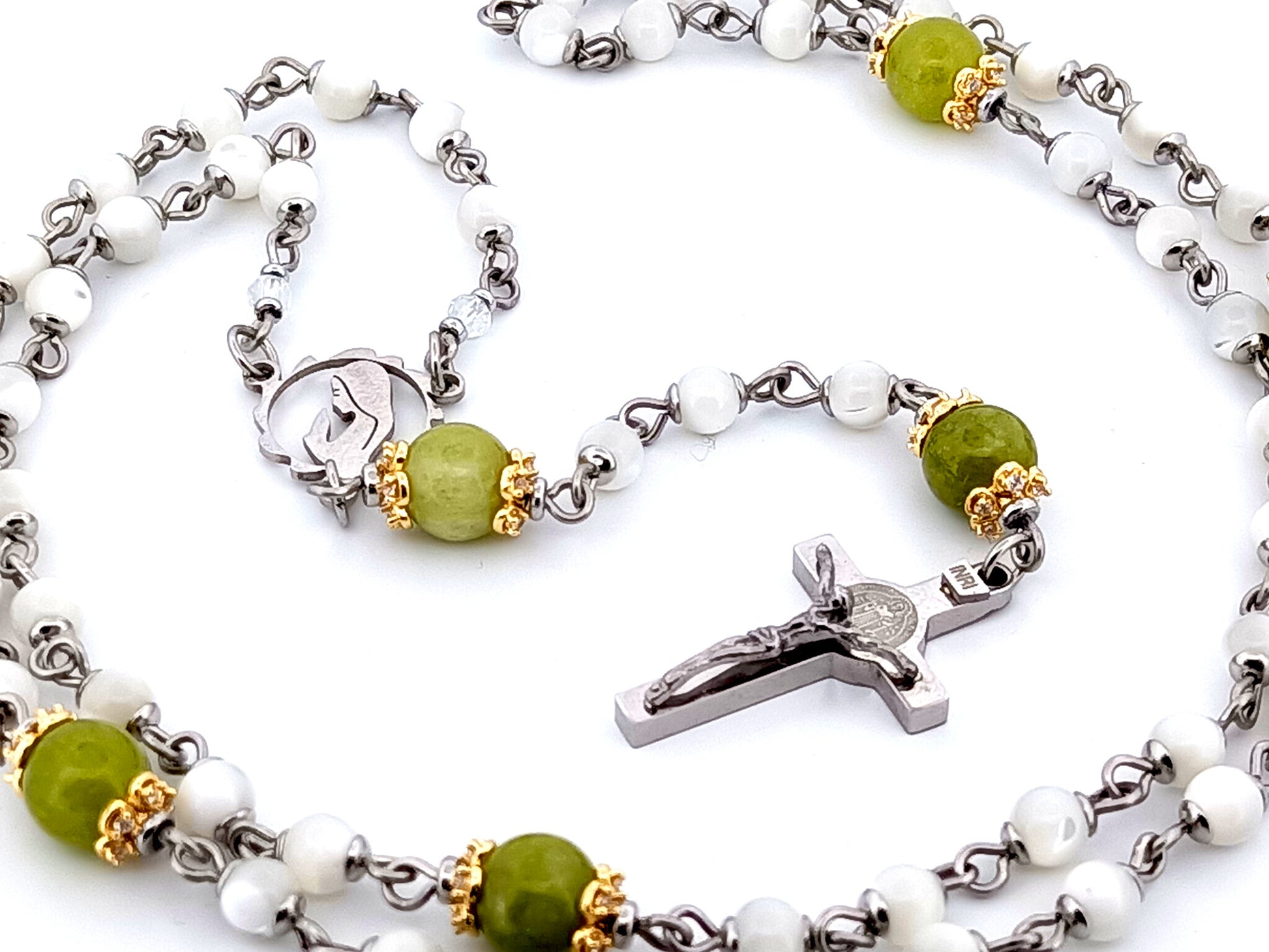 Virgin Mary unique rosary beads mother of pearl and peridot gemstone rosary with stainless steel Saint Benedict crucifix.
