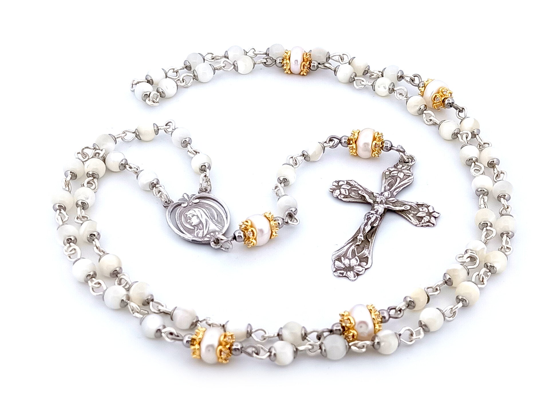 Saint Bernadette Lourdes unique rosary beads  925 sterling silver wearable mother of pearl rosary with sterling silver lily crucifix.