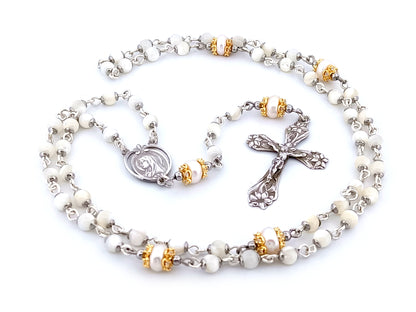 Saint Bernadette Lourdes unique rosary beads  925 sterling silver wearable mother of pearl rosary with sterling silver lily crucifix.