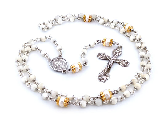 Saint Bernadette Lourdes unique rosary beads  925 sterling silver wearable mother of pearl rosary with sterling silver lily crucifix.