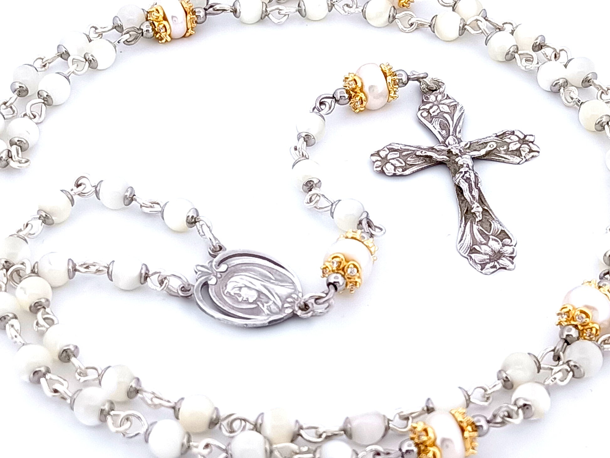 Saint Bernadette Lourdes unique rosary beads  925 sterling silver wearable mother of pearl rosary with sterling silver lily crucifix.