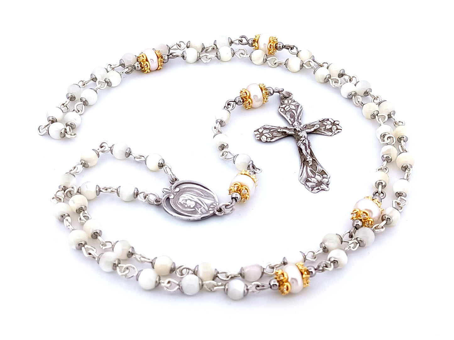 Saint Bernadette Lourdes unique rosary beads  925 sterling silver wearable mother of pearl rosary with sterling silver lily crucifix.