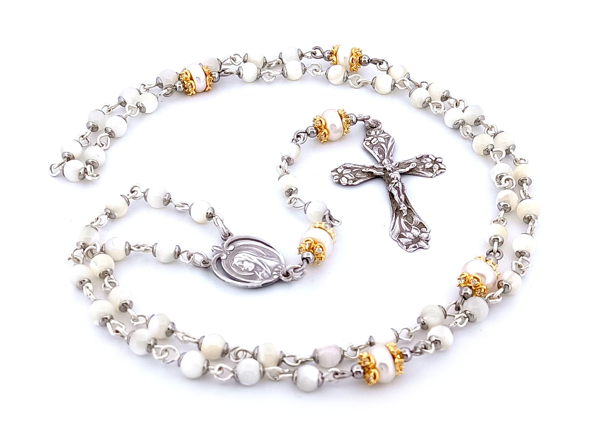 Saint Bernadette Lourdes unique rosary beads  925 sterling silver wearable mother of pearl rosary with sterling silver lily crucifix.