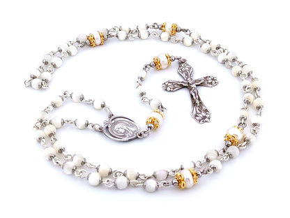 Saint Bernadette Lourdes unique rosary beads  925 sterling silver wearable mother of pearl rosary with sterling silver lily crucifix.