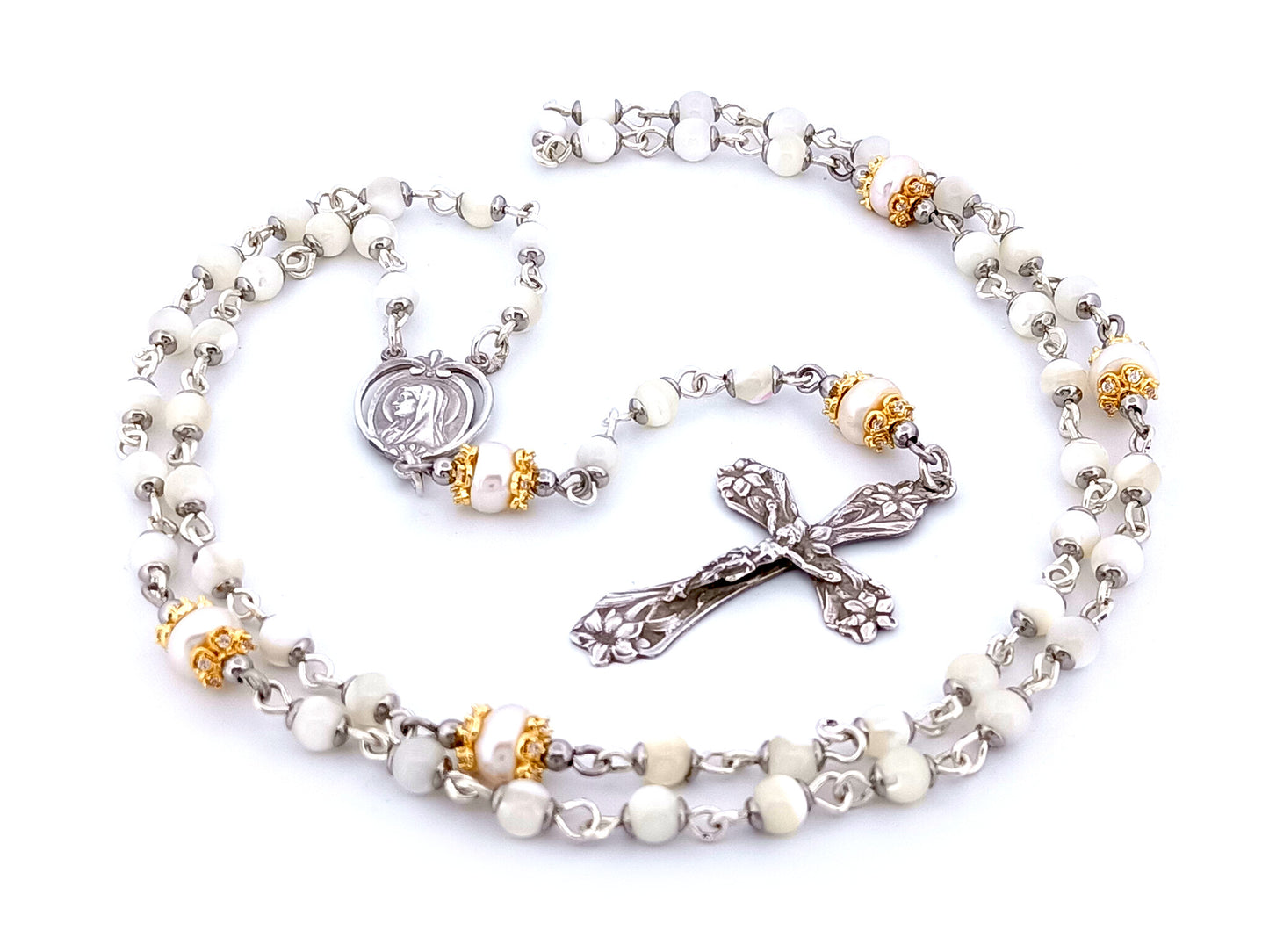 Saint Bernadette Lourdes unique rosary beads  925 sterling silver wearable mother of pearl rosary with sterling silver lily crucifix.