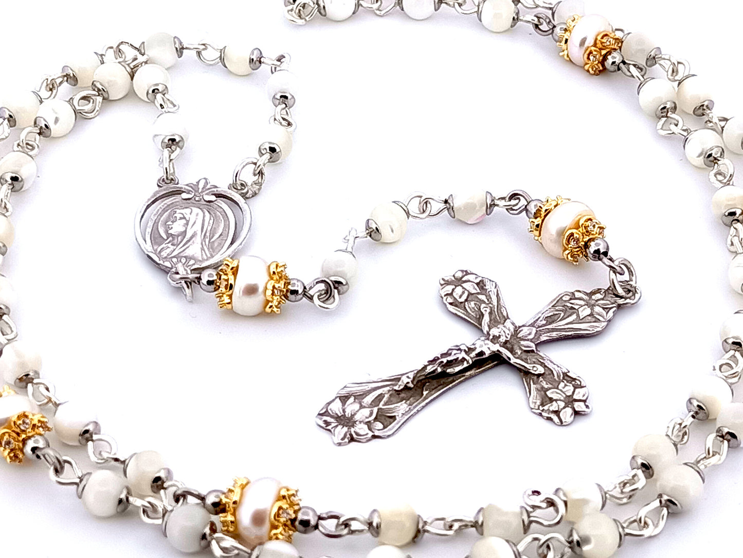 Saint Bernadette Lourdes unique rosary beads  925 sterling silver wearable mother of pearl rosary with sterling silver lily crucifix.