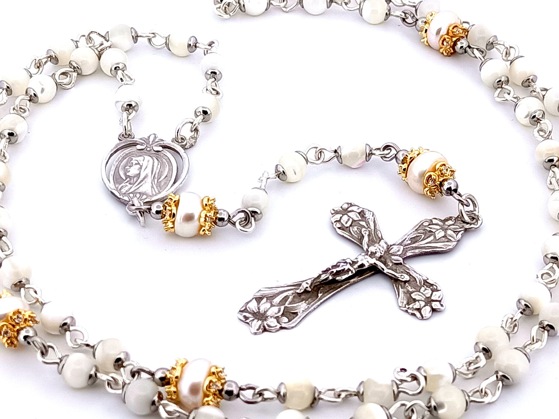 Saint Bernadette Lourdes unique rosary beads  925 sterling silver wearable mother of pearl rosary with sterling silver lily crucifix.