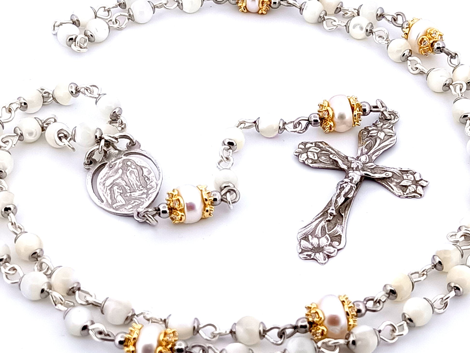 Saint Bernadette Lourdes unique rosary beads  925 sterling silver wearable mother of pearl rosary with sterling silver lily crucifix.