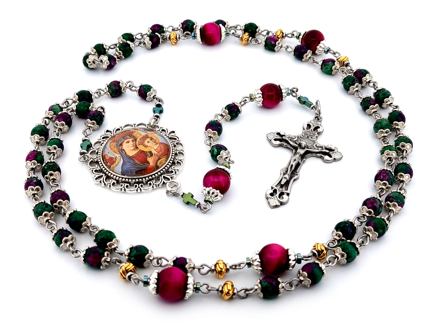 Our Lady of Perpetual Succor unique rosary beads ruby zoisite and tiger eye gemstone rosary with pewter filigree crucifix.