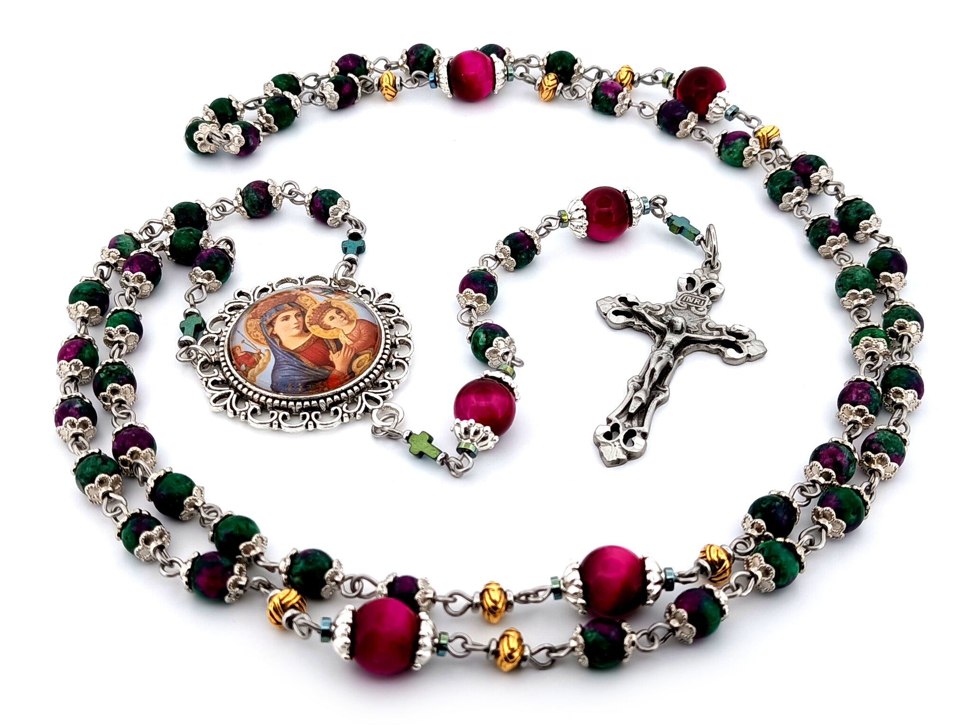 Our Lady of Perpetual Succor unique rosary beads ruby zoisite and tiger eye gemstone rosary with pewter filigree crucifix.