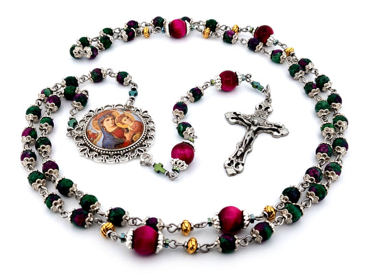 Our Lady of Perpetual Succor unique rosary beads ruby zoisite and tiger eye gemstone rosary with pewter filigree crucifix.