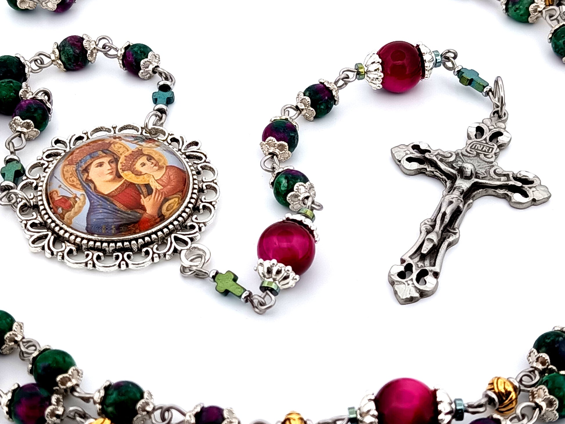 Our Lady of Perpetual Succor unique rosary beads ruby zoisite and tiger eye gemstone rosary with pewter filigree crucifix.