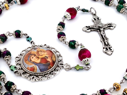 Our Lady of Perpetual Succor unique rosary beads ruby zoisite and tiger eye gemstone rosary with pewter filigree crucifix.