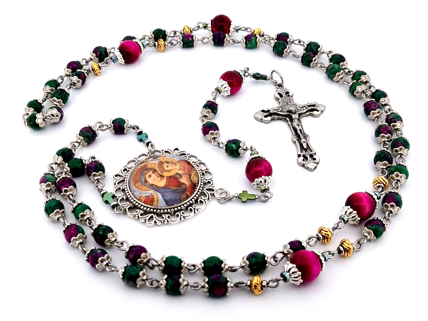 Our Lady of Perpetual Succor unique rosary beads ruby zoisite and tiger eye gemstone rosary with pewter filigree crucifix.
