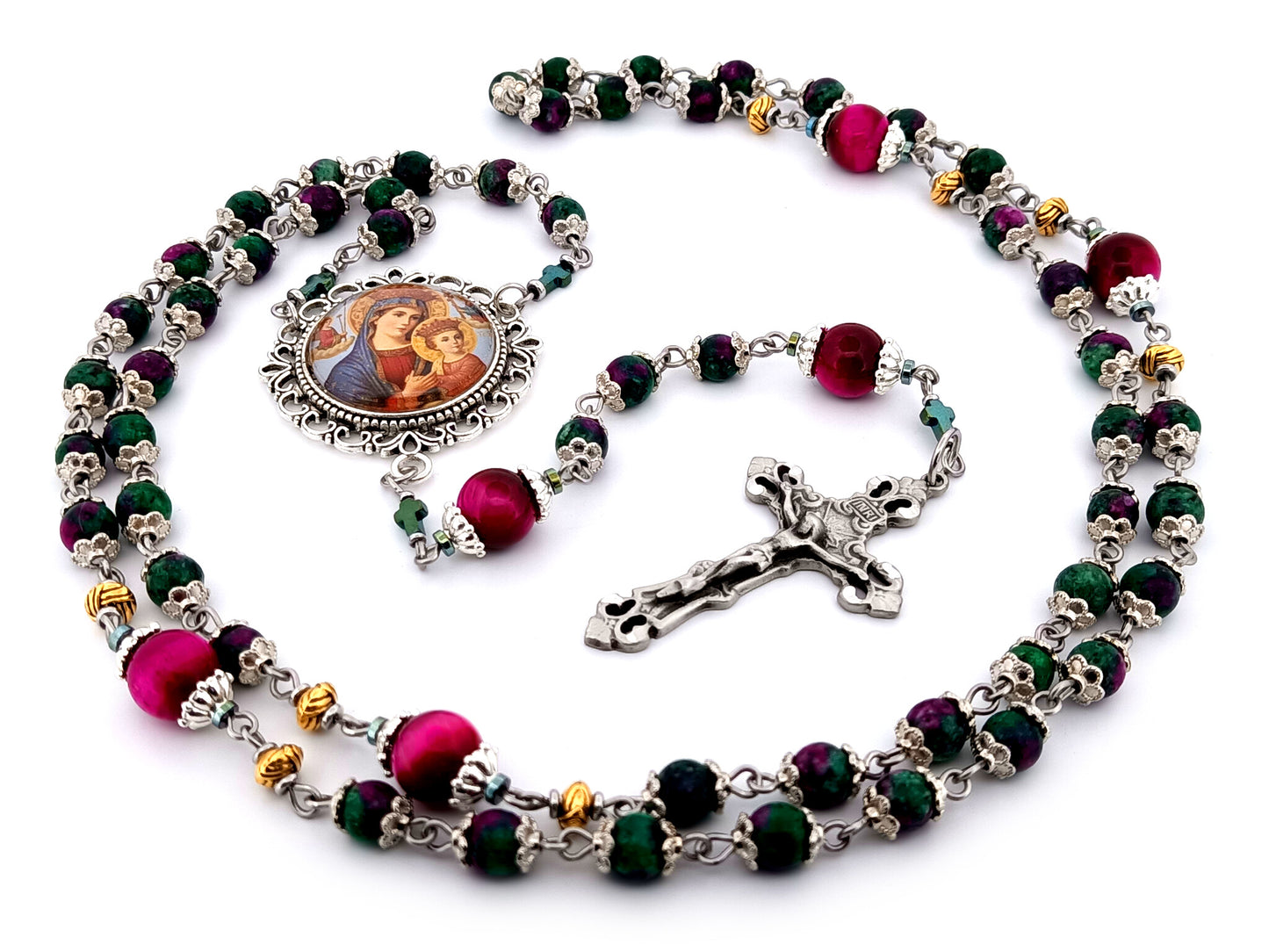 Our Lady of Perpetual Succor unique rosary beads ruby zoisite and tiger eye gemstone rosary with pewter filigree crucifix.
