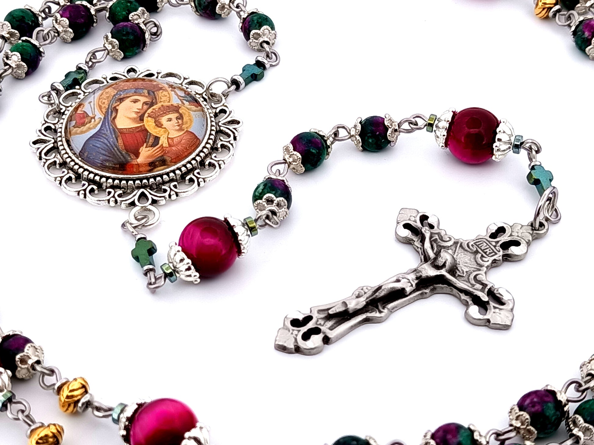 Our Lady of Perpetual Succor unique rosary beads ruby zoisite and tiger eye gemstone rosary with pewter filigree crucifix.