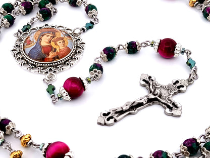 Our Lady of Perpetual Succor unique rosary beads ruby zoisite and tiger eye gemstone rosary with pewter filigree crucifix.