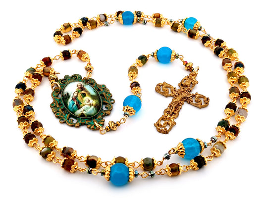 Holy Family unique rosary beads faceted agate gemstone and blue glass rosary beads with 14K gold brass vintage style filigree crucifix.