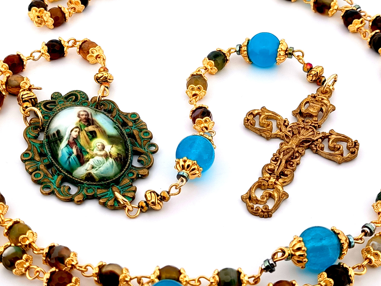 Holy Family unique rosary beads faceted agate gemstone and blue glass rosary beads with 14K gold brass vintage style filigree crucifix.