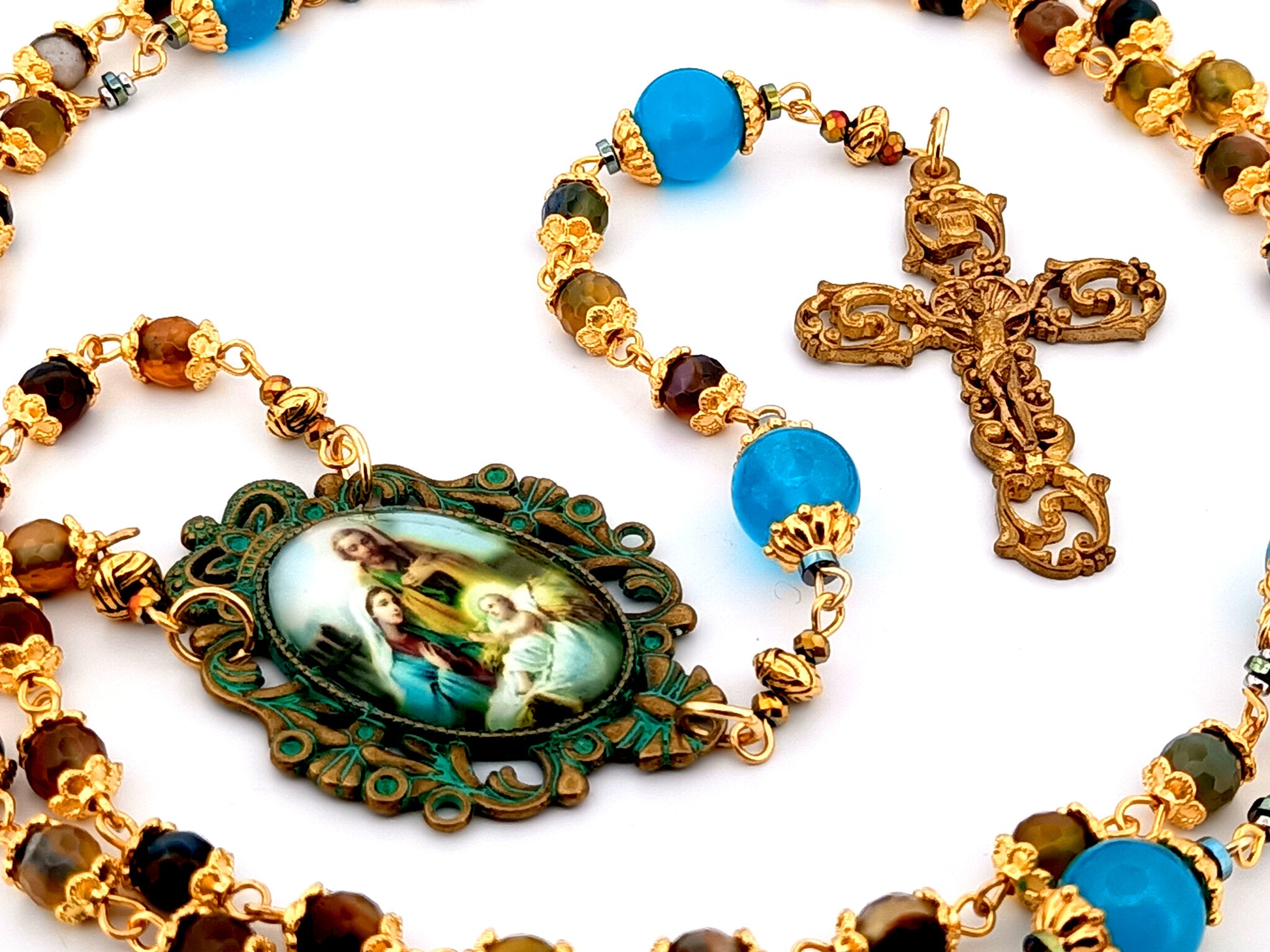 Holy Family unique rosary beads faceted agate gemstone and blue glass rosary beads with 14K gold brass vintage style filigree crucifix.