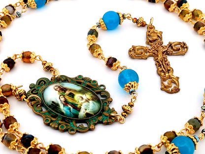 Holy Family unique rosary beads faceted agate gemstone and blue glass rosary beads with 14K gold brass vintage style filigree crucifix.