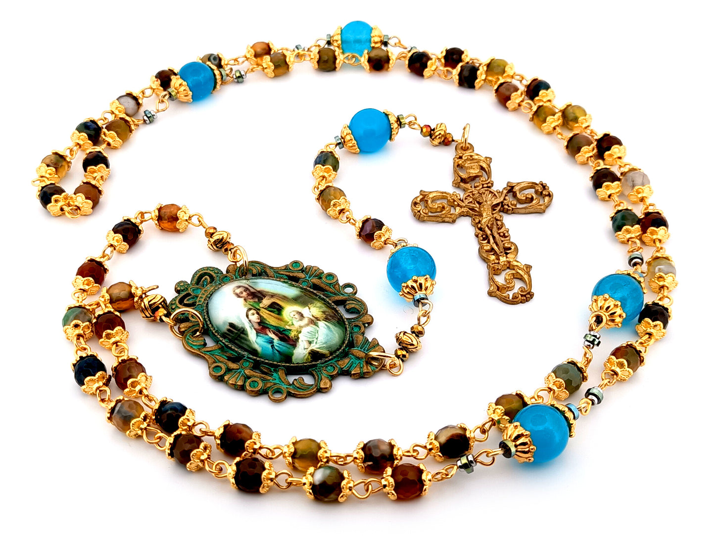 Holy Family unique rosary beads faceted agate gemstone and blue glass rosary beads with 14K gold brass vintage style filigree crucifix.