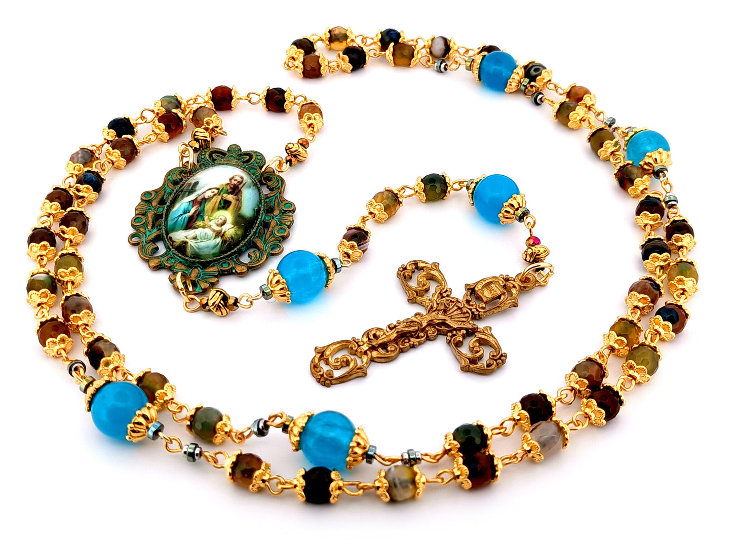 Holy Family unique rosary beads faceted agate gemstone and blue glass rosary beads with 14K gold brass vintage style filigree crucifix.
