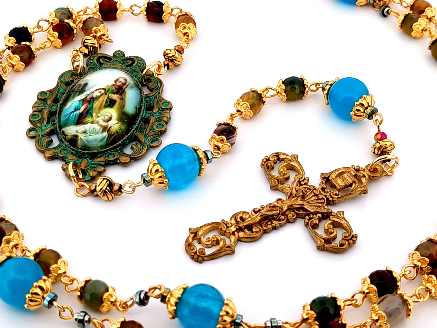Holy Family unique rosary beads faceted agate gemstone and blue glass rosary beads with 14K gold brass vintage style filigree crucifix.