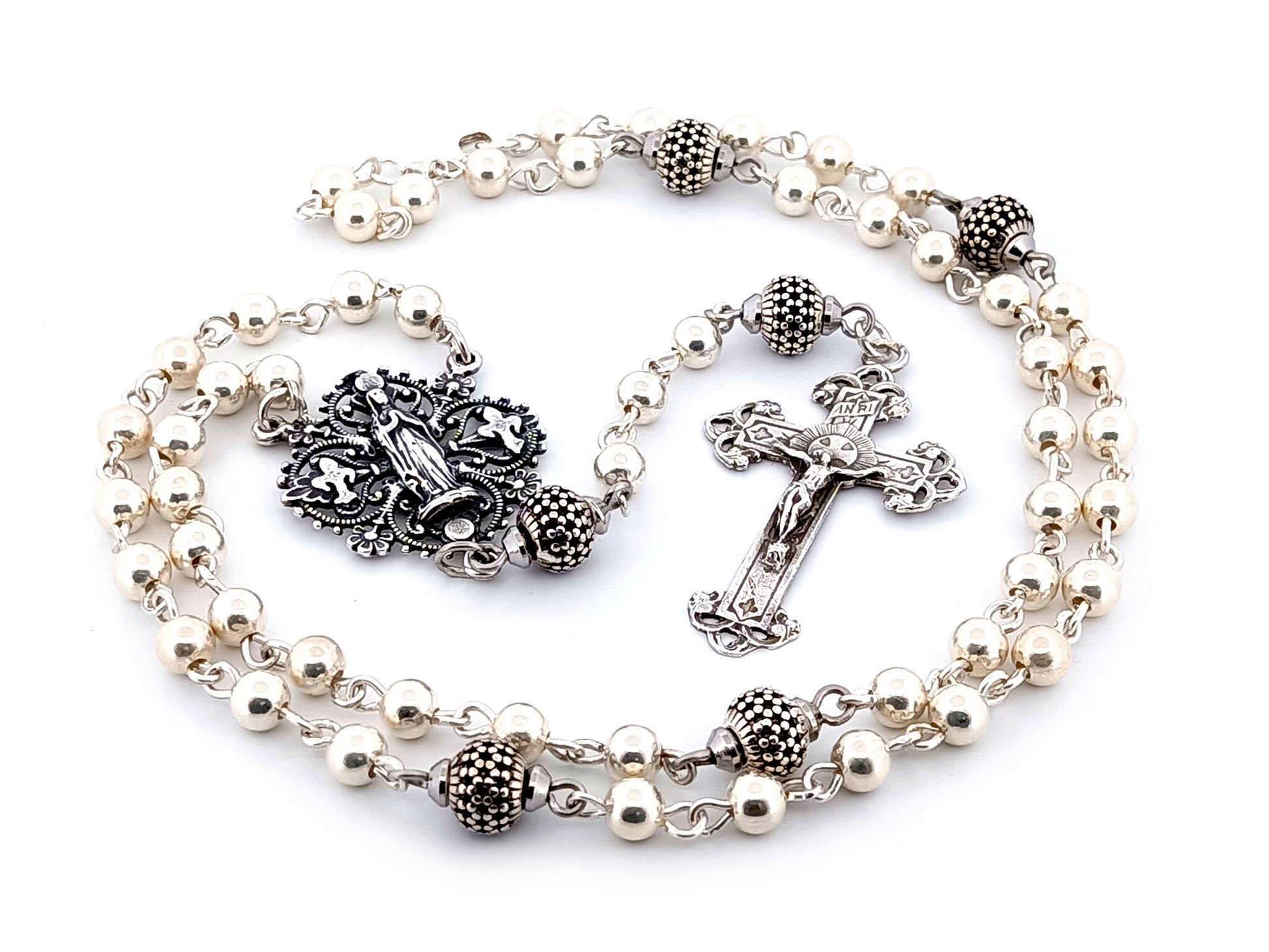Our Lady of Lourdes unique rosary beads 925 sterling silver wearable rosary with sterling silver Victorian style crucifix.