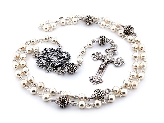 Our Lady of Lourdes unique rosary beads 925 sterling silver wearable rosary with sterling silver Victorian style crucifix.