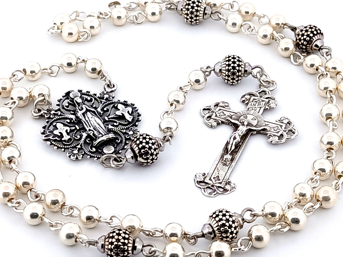 Our Lady of Lourdes unique rosary beads 925 sterling silver wearable rosary with sterling silver Victorian style crucifix.