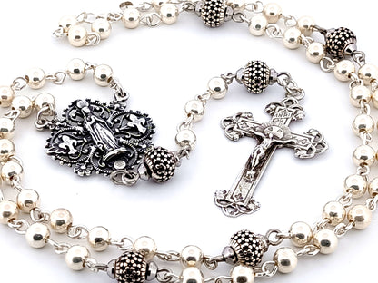 Our Lady of Lourdes unique rosary beads 925 sterling silver wearable rosary with sterling silver Victorian style crucifix.