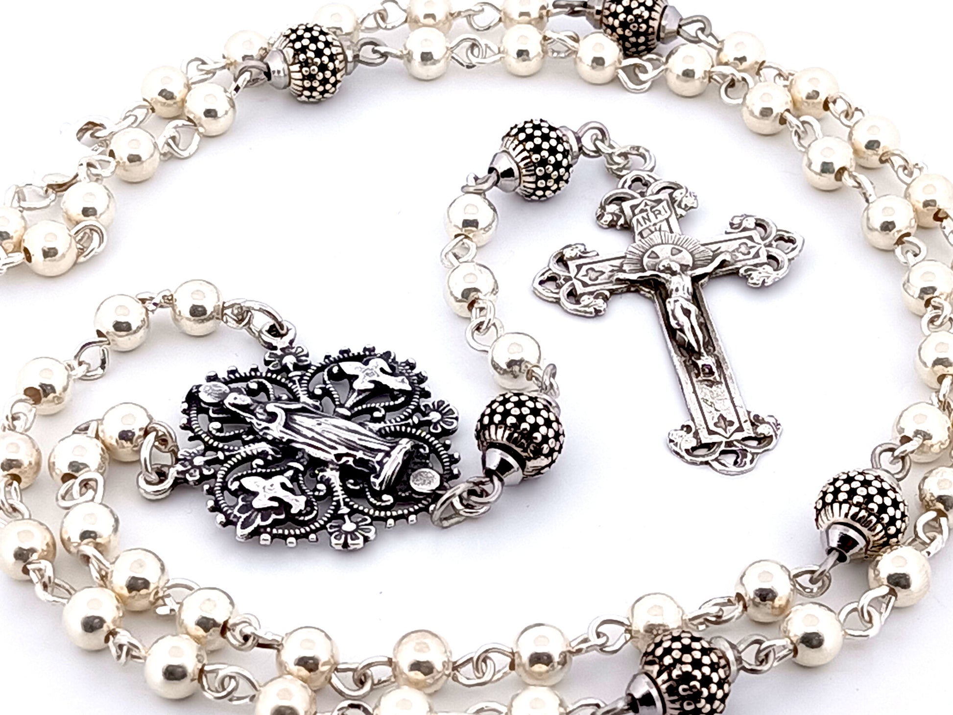 Our Lady of Lourdes unique rosary beads 925 sterling silver wearable rosary with sterling silver Victorian style crucifix.