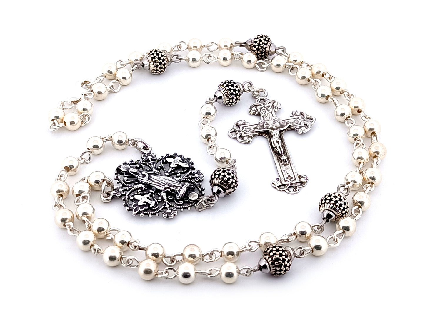 Our Lady of Lourdes unique rosary beads 925 sterling silver wearable rosary with sterling silver Victorian style crucifix.