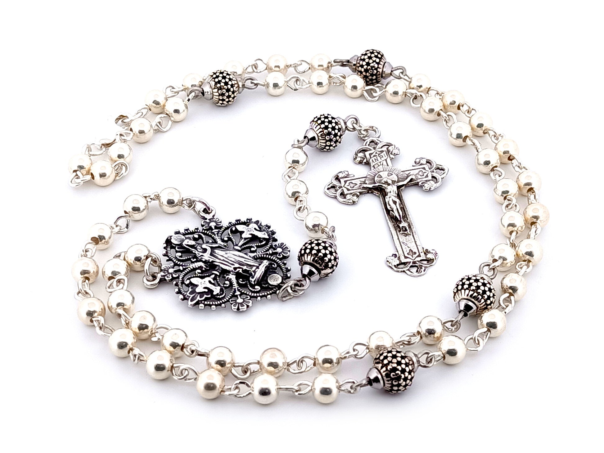 Our Lady of Lourdes unique rosary beads 925 sterling silver wearable rosary with sterling silver Victorian style crucifix.
