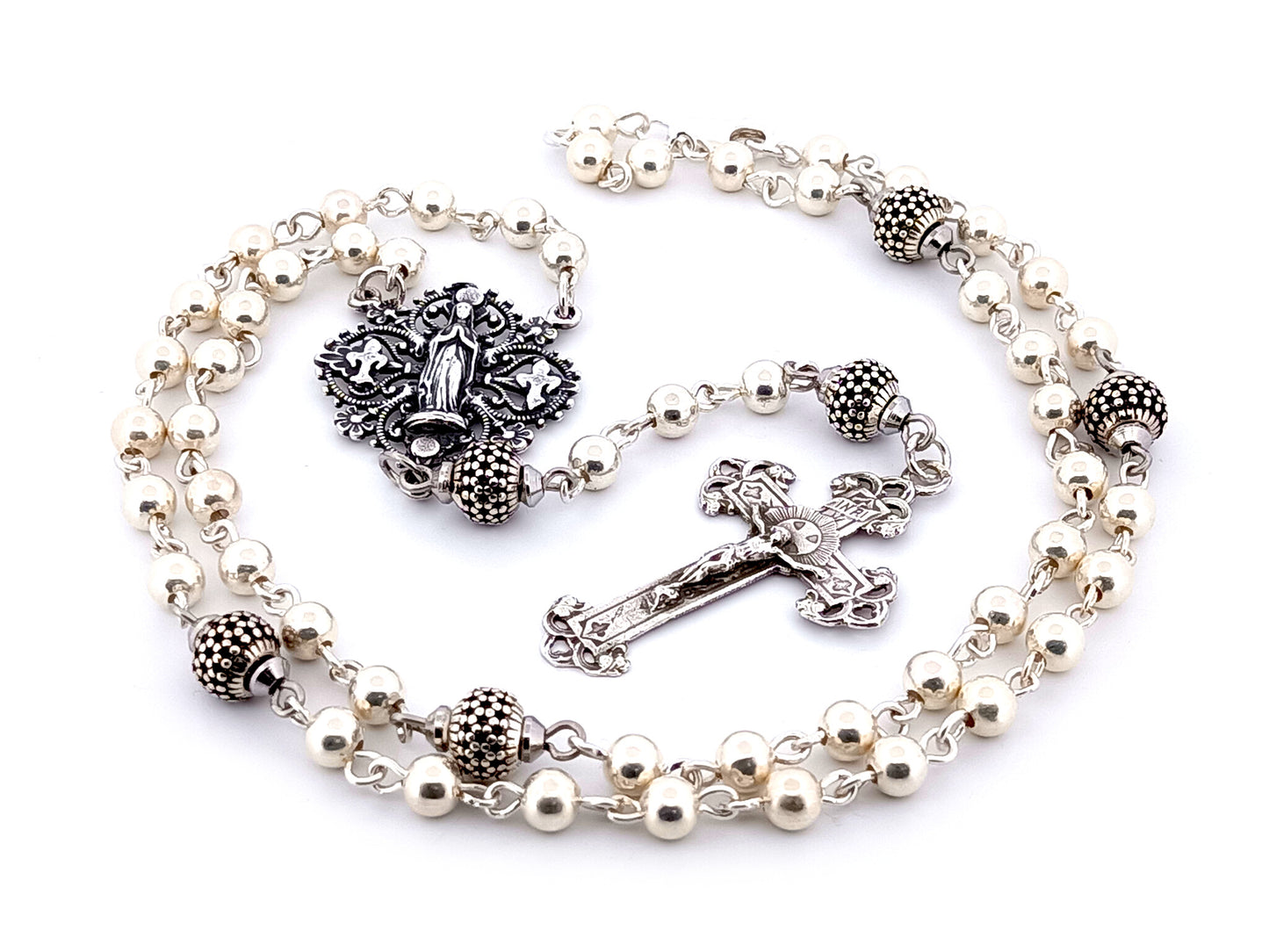 Our Lady of Lourdes unique rosary beads 925 sterling silver wearable rosary with sterling silver Victorian style crucifix.