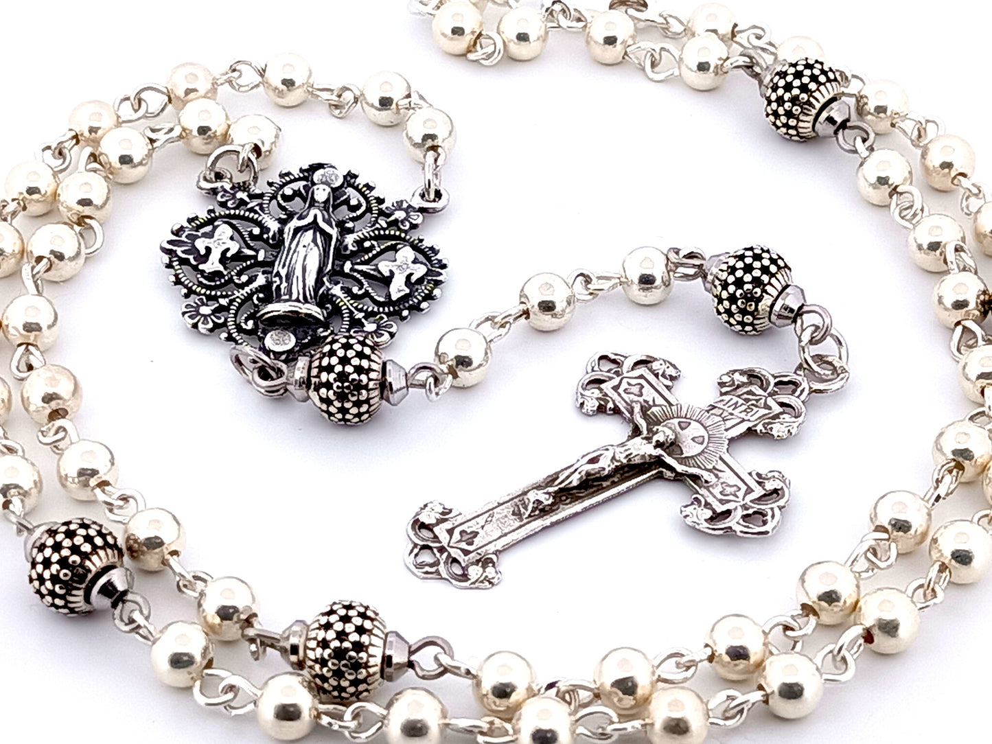 Our Lady of Lourdes unique rosary beads 925 sterling silver wearable rosary with sterling silver Victorian style crucifix.
