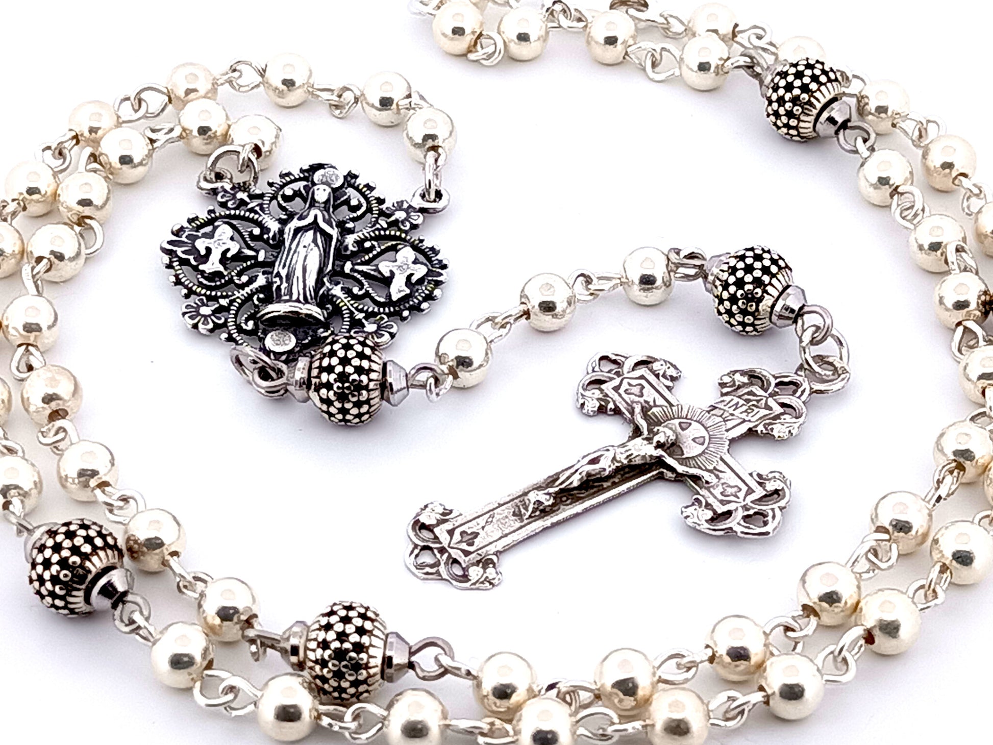 Our Lady of Lourdes unique rosary beads 925 sterling silver wearable rosary with sterling silver Victorian style crucifix.
