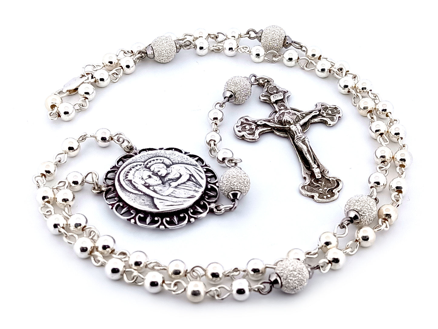 Our Lady of Perpetual Help unique rosary beads 925 sterling silver wearable rosary with sterling silver Art Nouveau style crucifix.