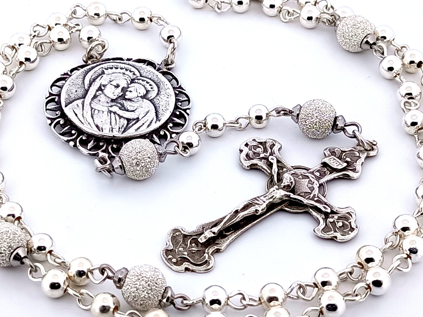 Our Lady of Perpetual Help unique rosary beads 925 sterling silver wearable rosary with sterling silver Art Nouveau style crucifix.