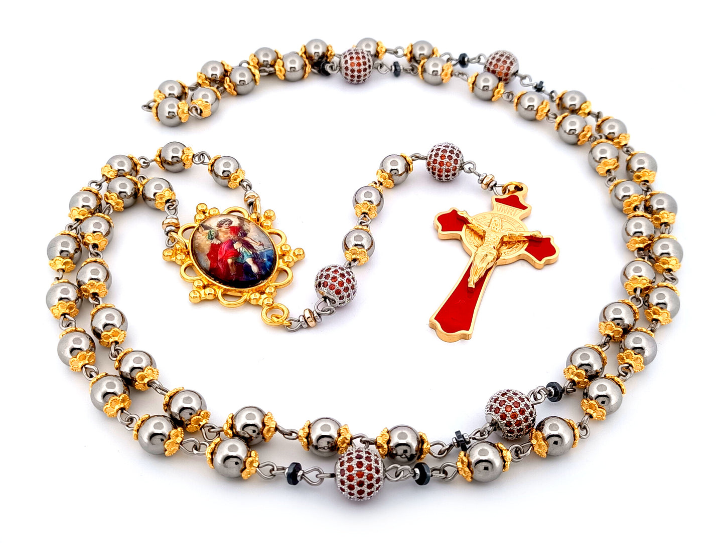 Saint Michael unique rosary beads stainless steel and red cubic zirconia rosary with gold plated stainless steel red enamel crucifix.