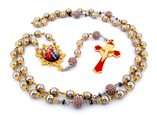 Saint Michael unique rosary beads stainless steel and red cubic zirconia rosary with gold plated stainless steel red enamel crucifix.