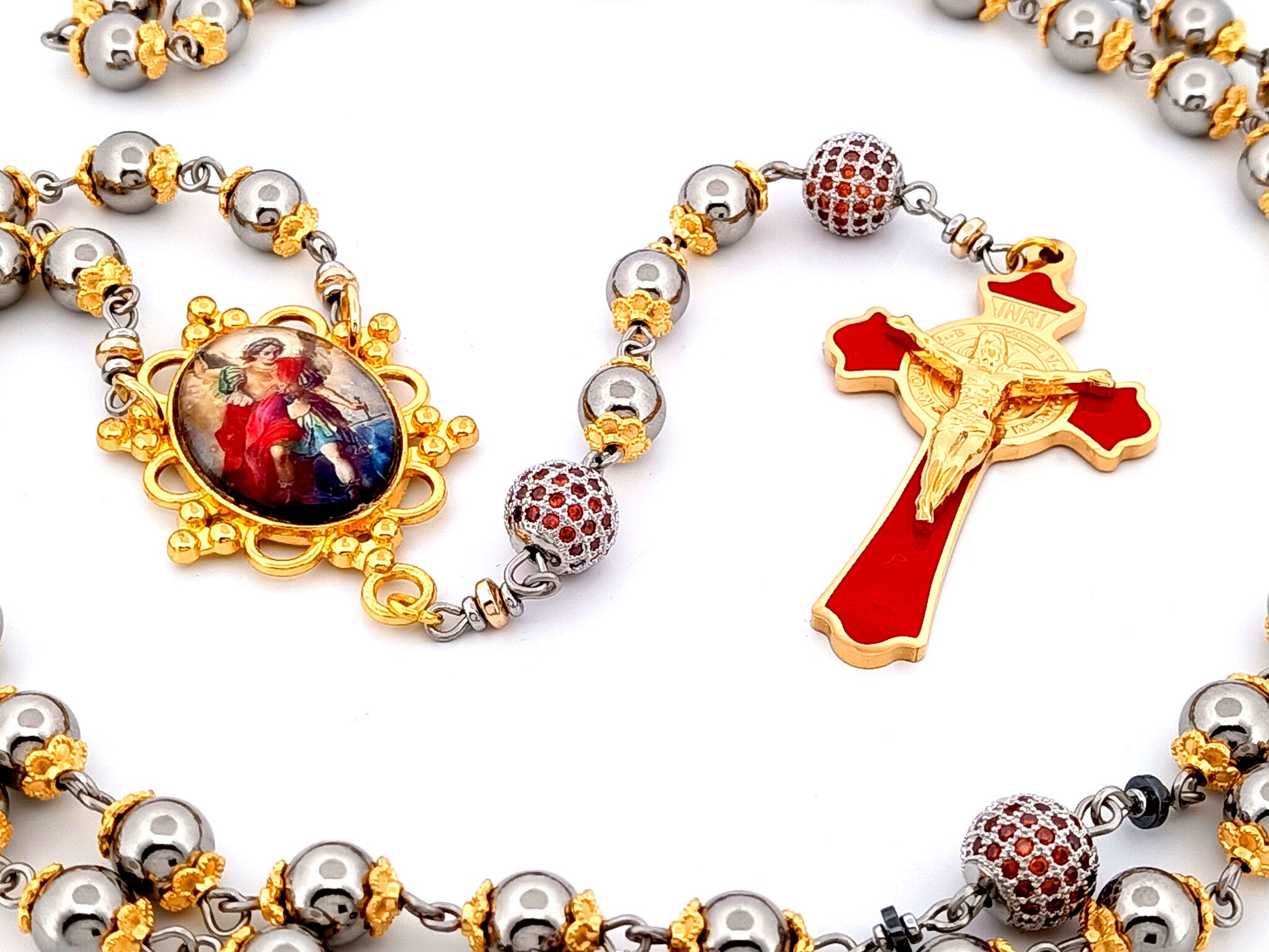 Saint Michael unique rosary beads stainless steel and red cubic zirconia rosary with gold plated stainless steel red enamel crucifix.