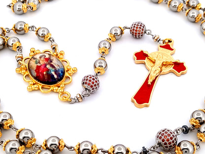 Saint Michael unique rosary beads stainless steel and red cubic zirconia rosary with gold plated stainless steel red enamel crucifix.
