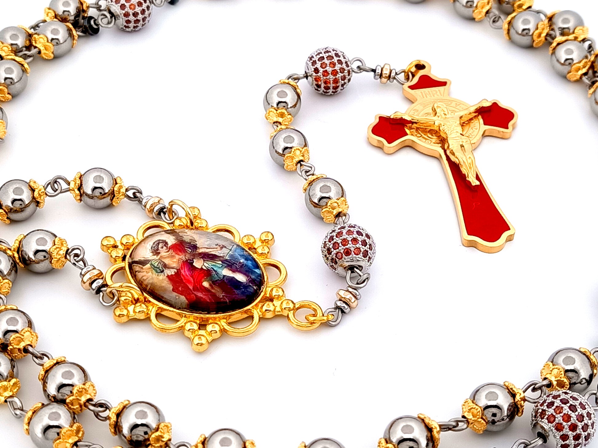 Saint Michael unique rosary beads stainless steel and red cubic zirconia rosary with gold plated stainless steel red enamel crucifix.