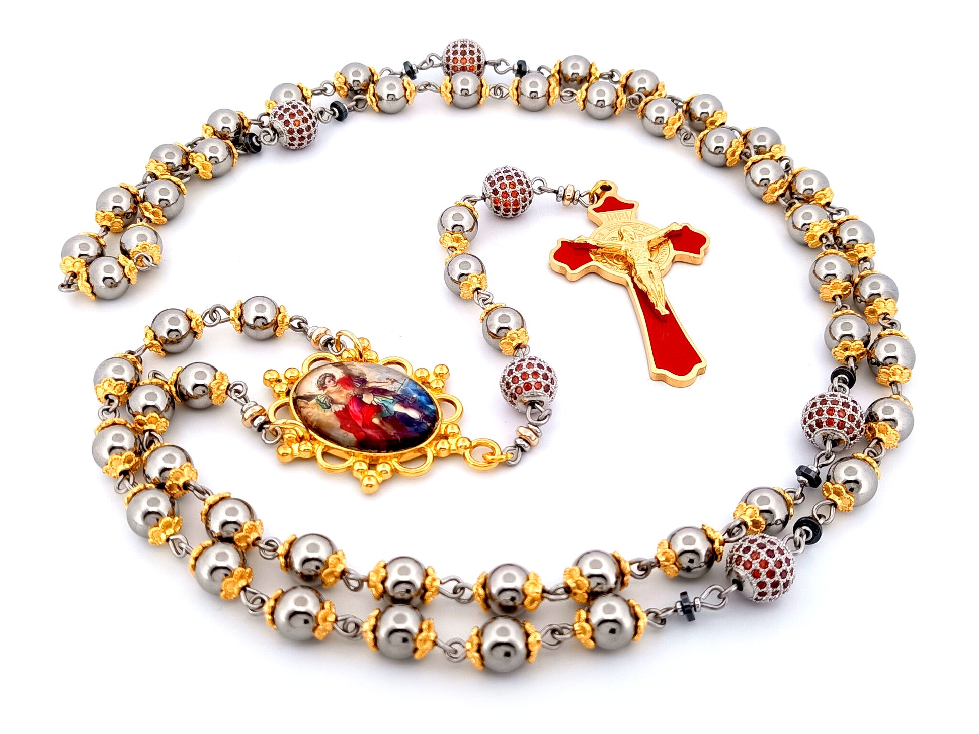 Saint Michael unique rosary beads stainless steel and red cubic zirconia rosary with gold plated stainless steel red enamel crucifix.