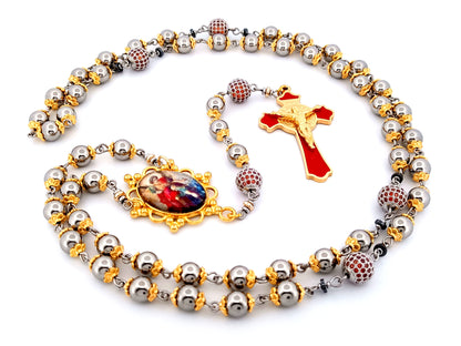 Saint Michael unique rosary beads stainless steel and red cubic zirconia rosary with gold plated stainless steel red enamel crucifix.