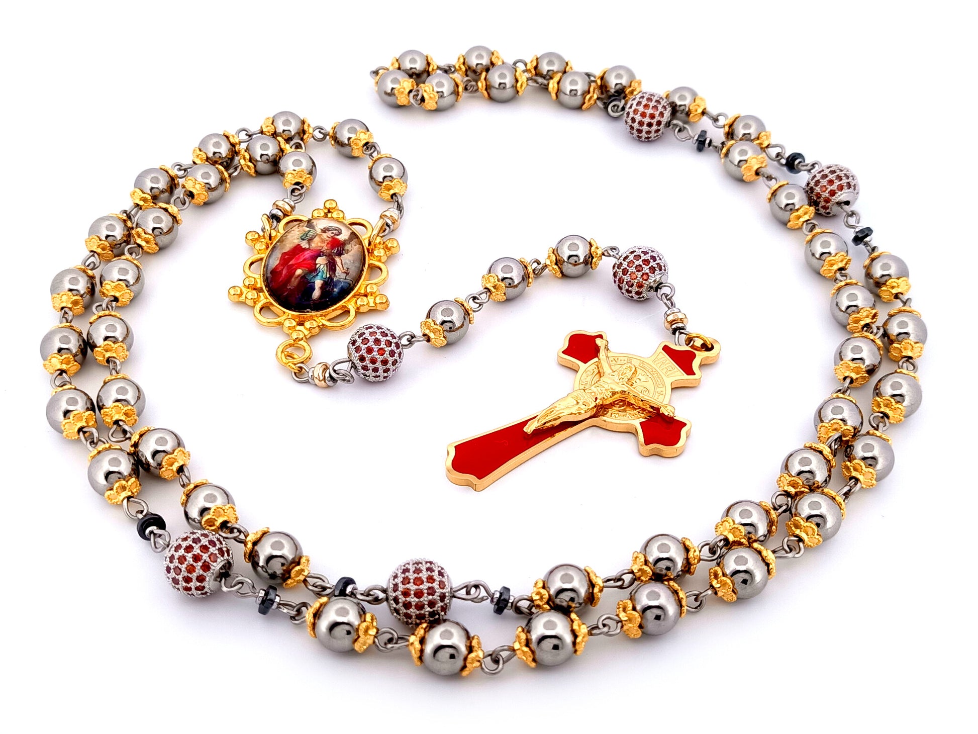 Saint Michael unique rosary beads stainless steel and red cubic zirconia rosary with gold plated stainless steel red enamel crucifix.